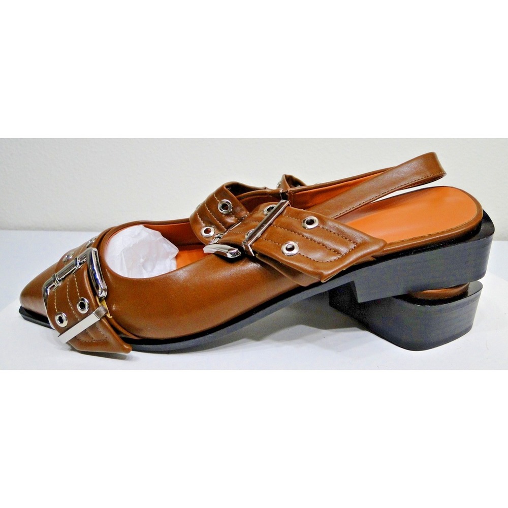 Chunky Buckle Slingback Ballerina Heel Brown Patent Leather Shoes Size 11 - Picture 7 of 13
